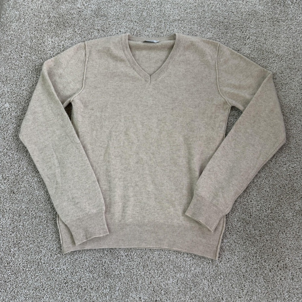 J.Lindeberg Sweater Mens Medium Beige Tight Knit V Neck Pullover Casual Winter
